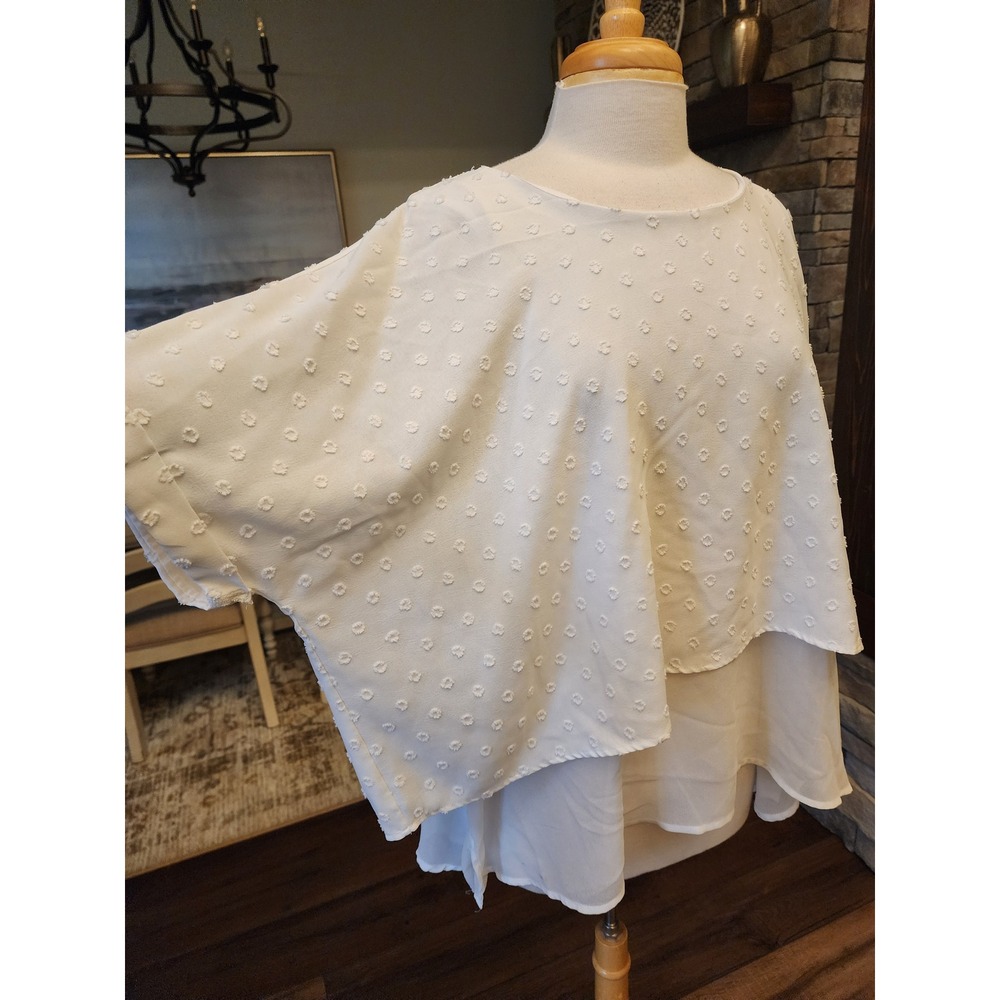 Umgee Boutique White Swiss Dot Layered Dolman Sleeve Blouse Tunic Boho Fairy